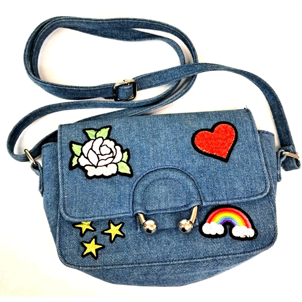 Y2K No Boundaries Denim Purse Handbag Embroidered Patches Heart Rose Rainbow
